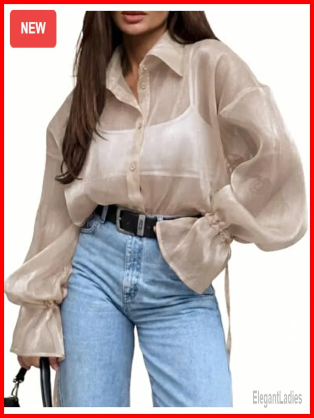 Sheer Button Down Blouse, Lantern Sleeve Mesh Top, Night Out Shirt
